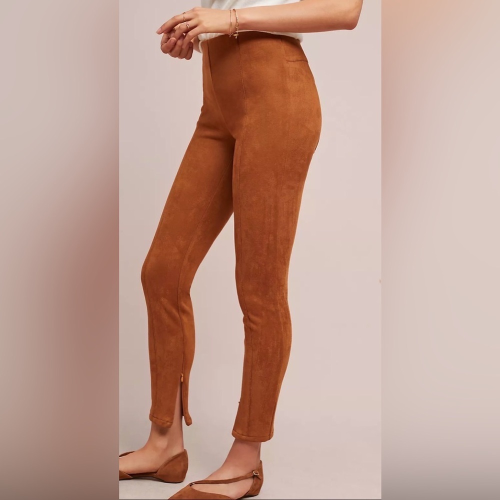 Anthropologie Brown Skinny Faux Suede Leggings zipper details size 30 petite - Picture 3 of 12